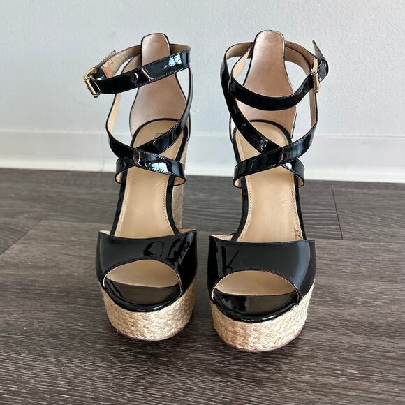 Michael Kors Gabriella Black Patent Leather Espadrille Wedges Platform Sandals - Picture 9 of 16